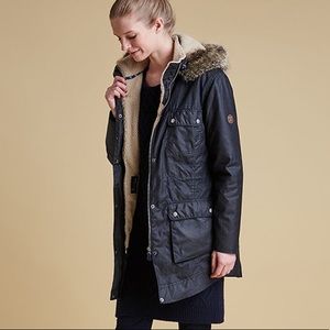 Barbour Carribena Waxed Cotton Jacket with Fur Hood size US 4/ UK 8